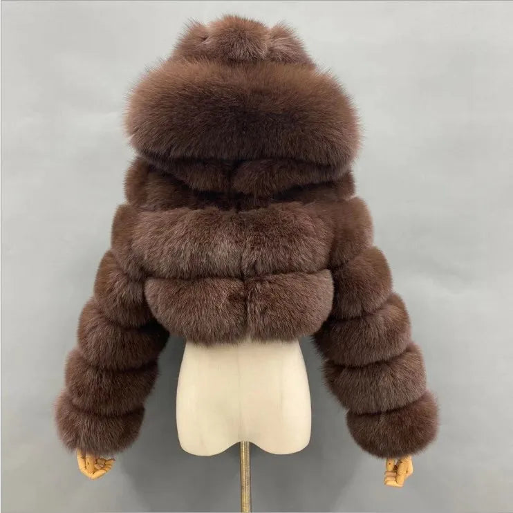 Kort pälsjacka med huva, mjukt material, flera färger