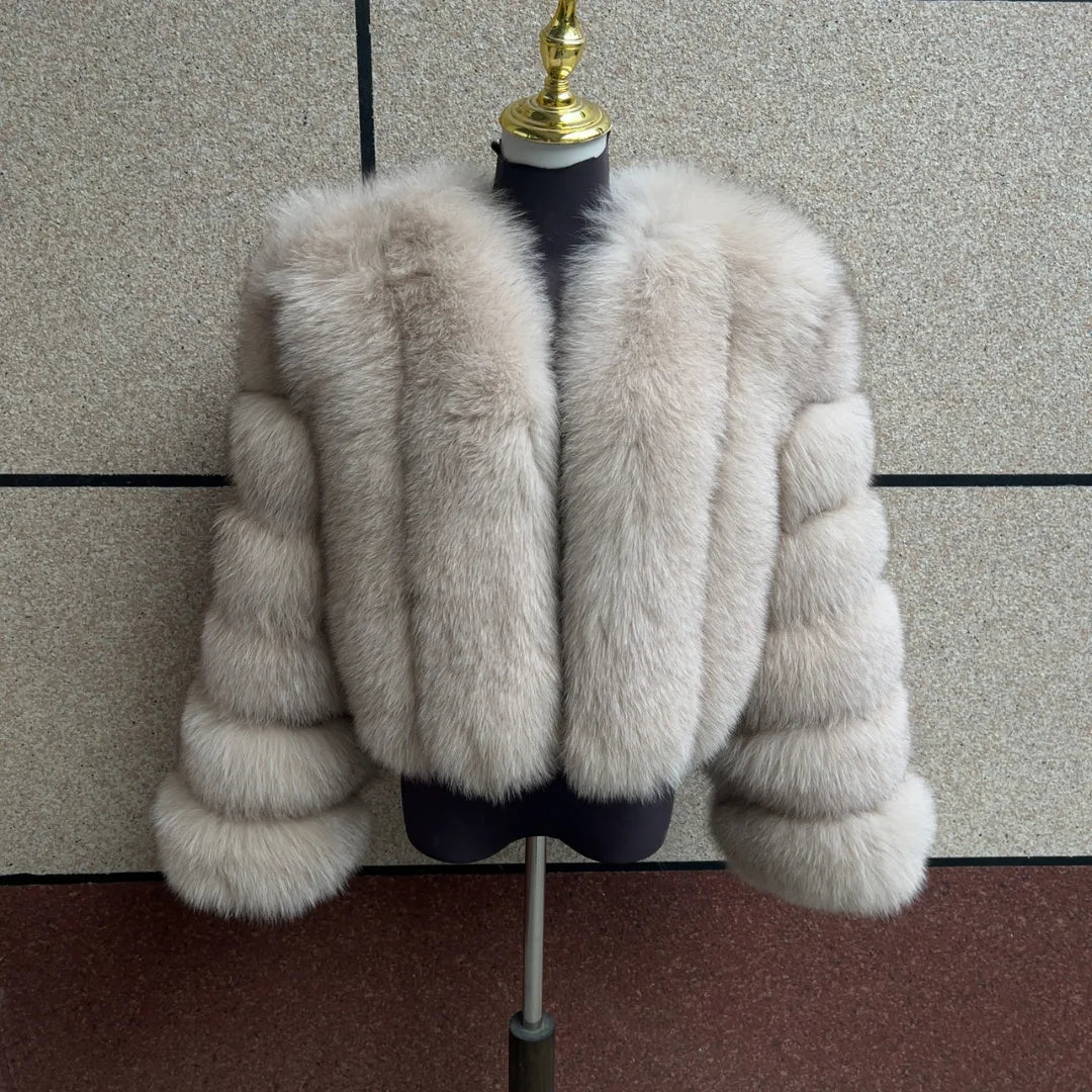 Kort fluffig fuskpälsjacka för dam, öppen design, flerfärgad