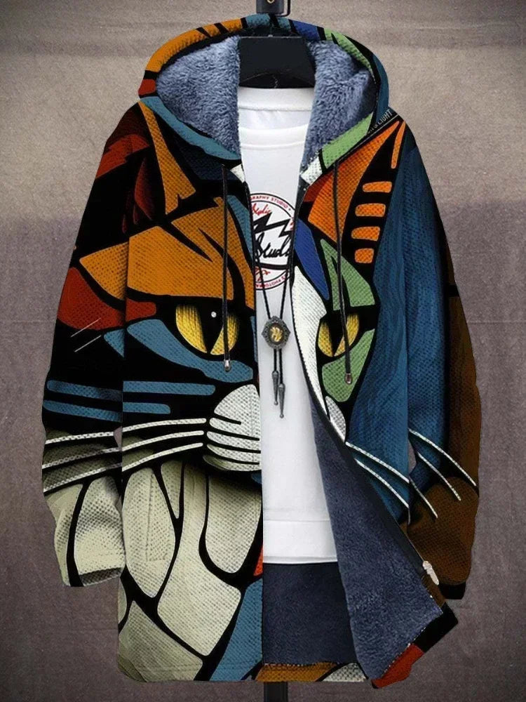 Ruth – Unisex Färgglad Katt-Print Huvtröja med Varm Fleecefoder och Konstnärlig Design