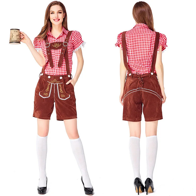 Dam Trachtenkostym med Rutig Blus och Hängselshorts
