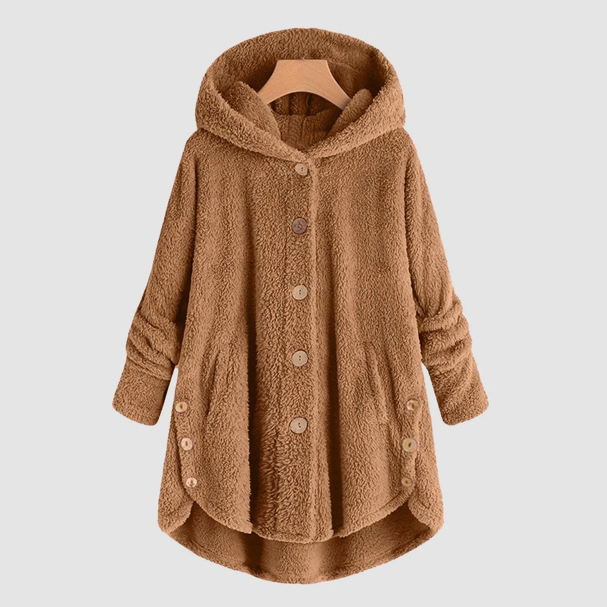 Teddyfleecejacka med huva och knappar, lång modell med asymmetrisk fåll