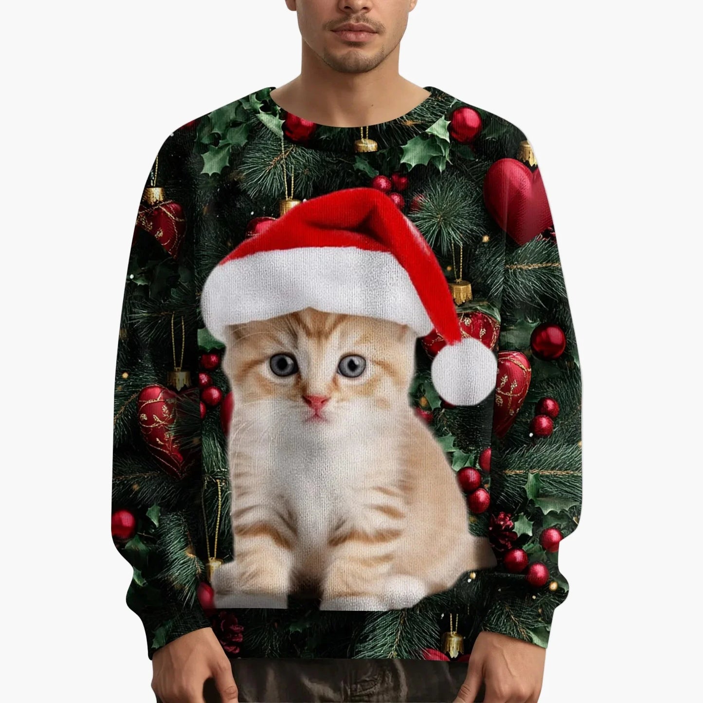 Herr jultröja med kattmotiv och festligt mönster – Perfekt för julfester och mysiga vinterdagar