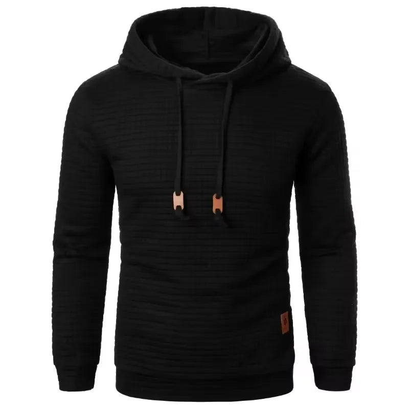 Rutig hoodie i stickat material med huva och dragsko