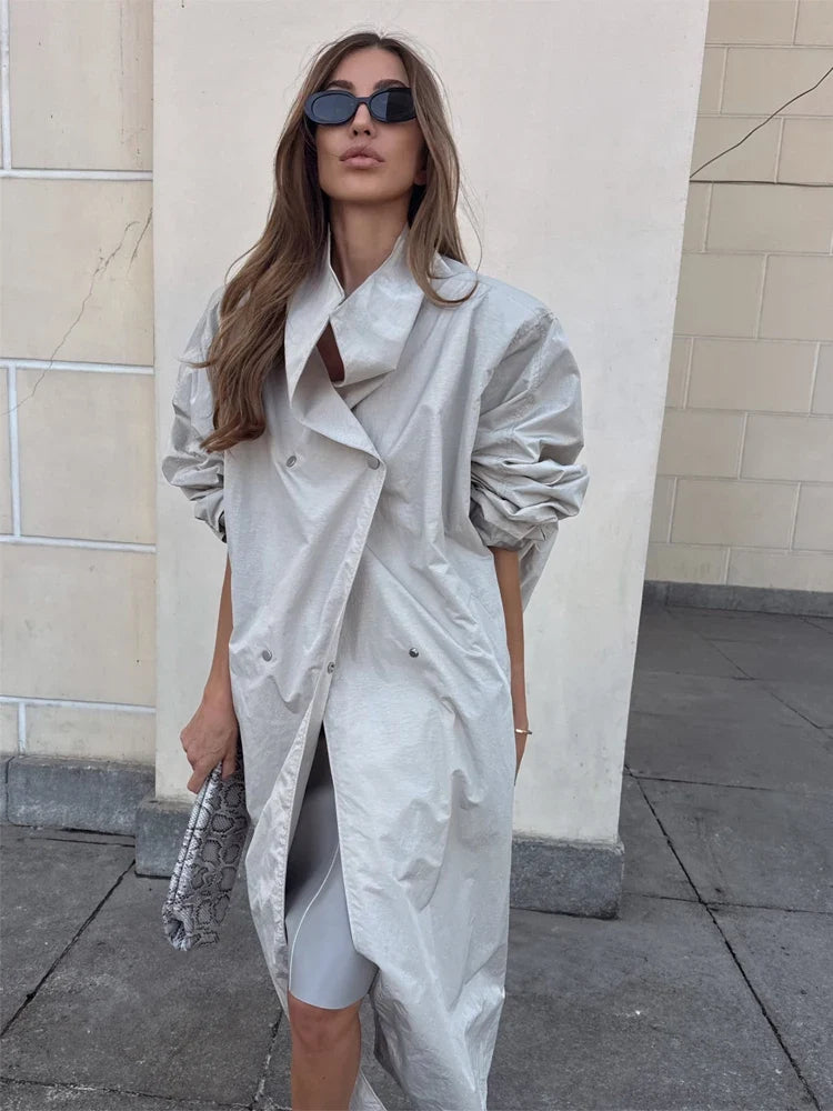 Dam Trenchcoat Lång, Överdimensionerad i Svart med Hög Krage och Bälte