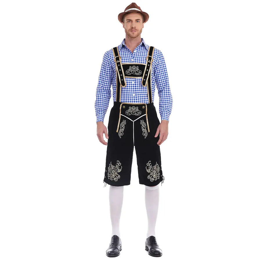 Oktoberfest herrkläder med rutig skjorta, broderade hängselbyxor och hatt