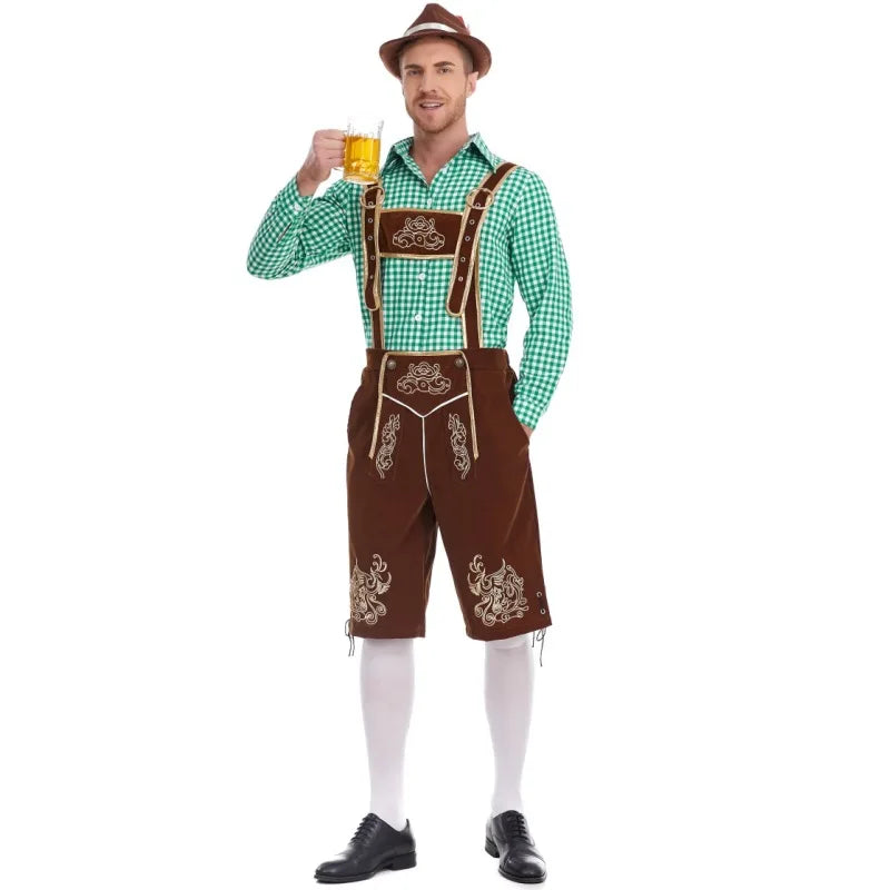 Oktoberfest herrkläder med rutig skjorta, broderade hängselbyxor och hatt