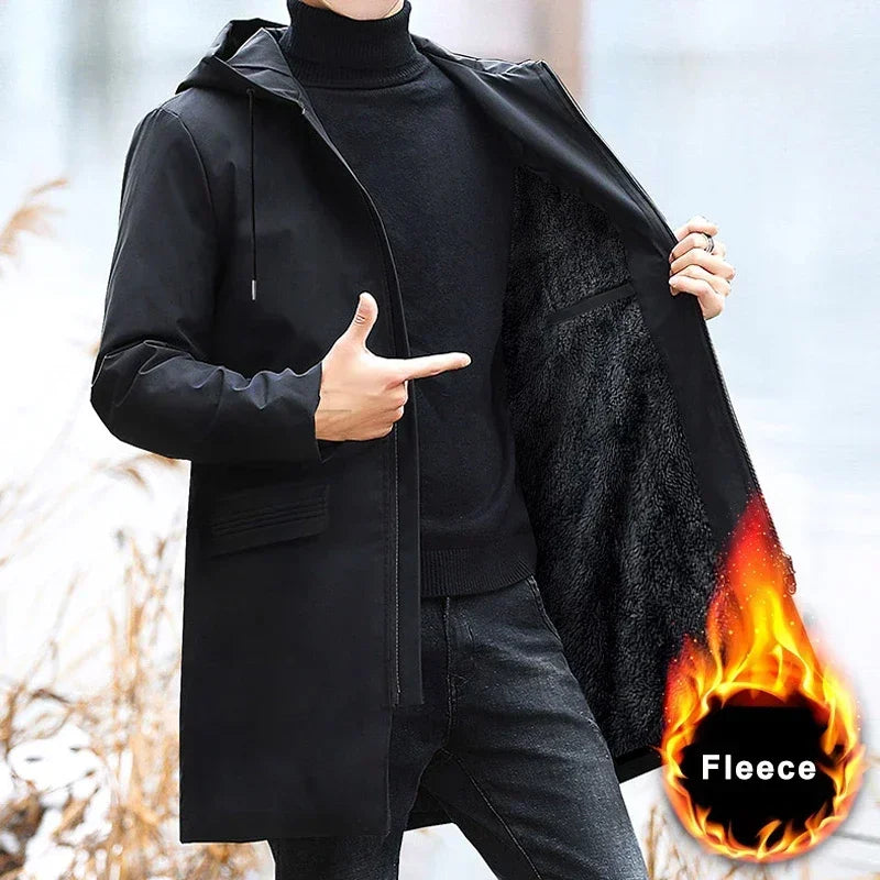 Svart vinterkappa för herr med huva och mjukt foder, lång modell