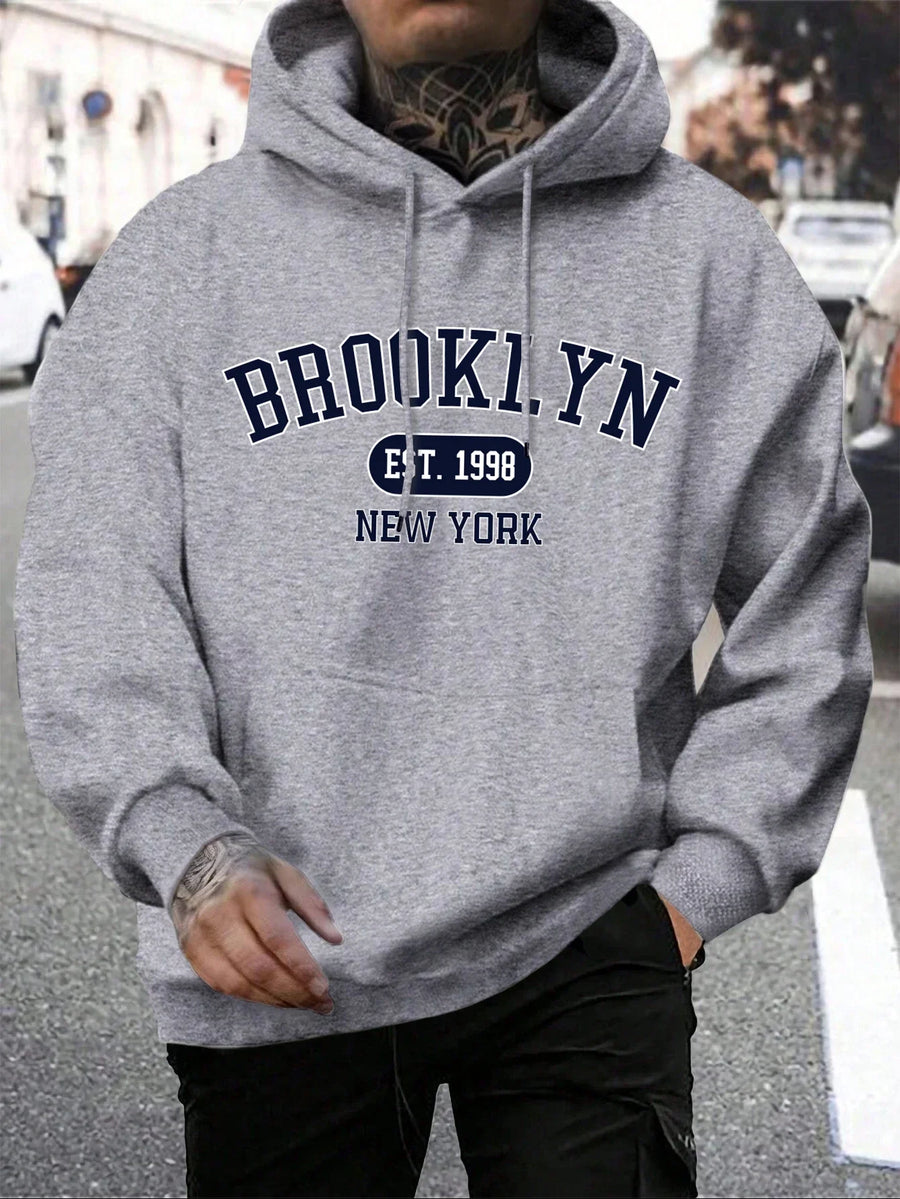 Hoodie med "New York" eller "Brooklyn" tryck, dragsko och känguruficka för män