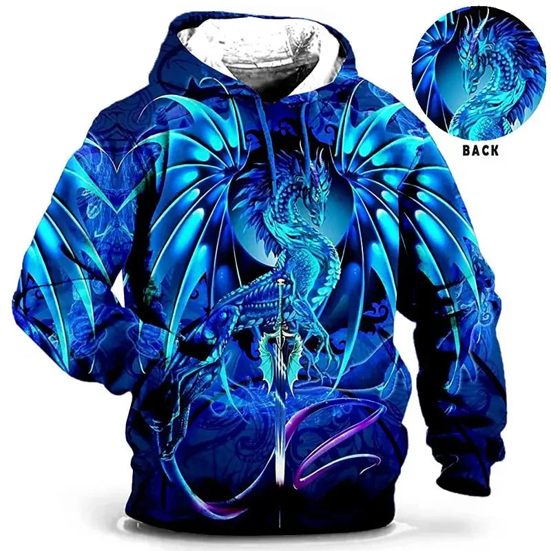 Unisex Hoodie med Drakmönster och Fickor