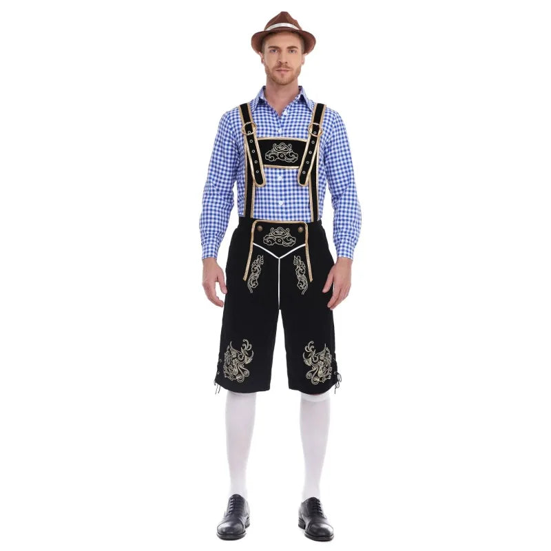 Oktoberfest herrkläder med rutig skjorta, broderade hängselbyxor och hatt