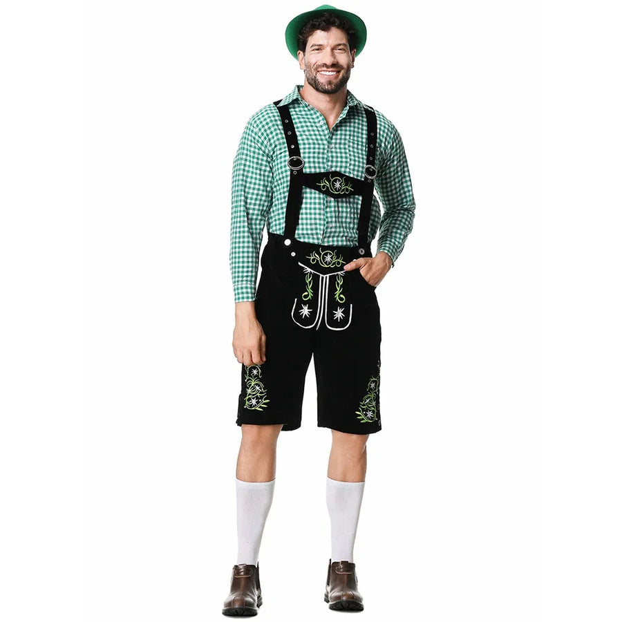 Herr Oktoberfestdräkt Brun/Svart Komplett Set Rutig Skjorta Hängselbyxor och Hatt