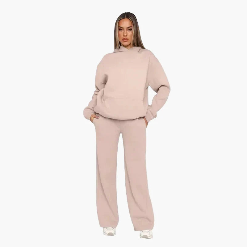 Damset med Hoodie och Vida Byxor – Avslappnad och Trendig Vardagsoutfit