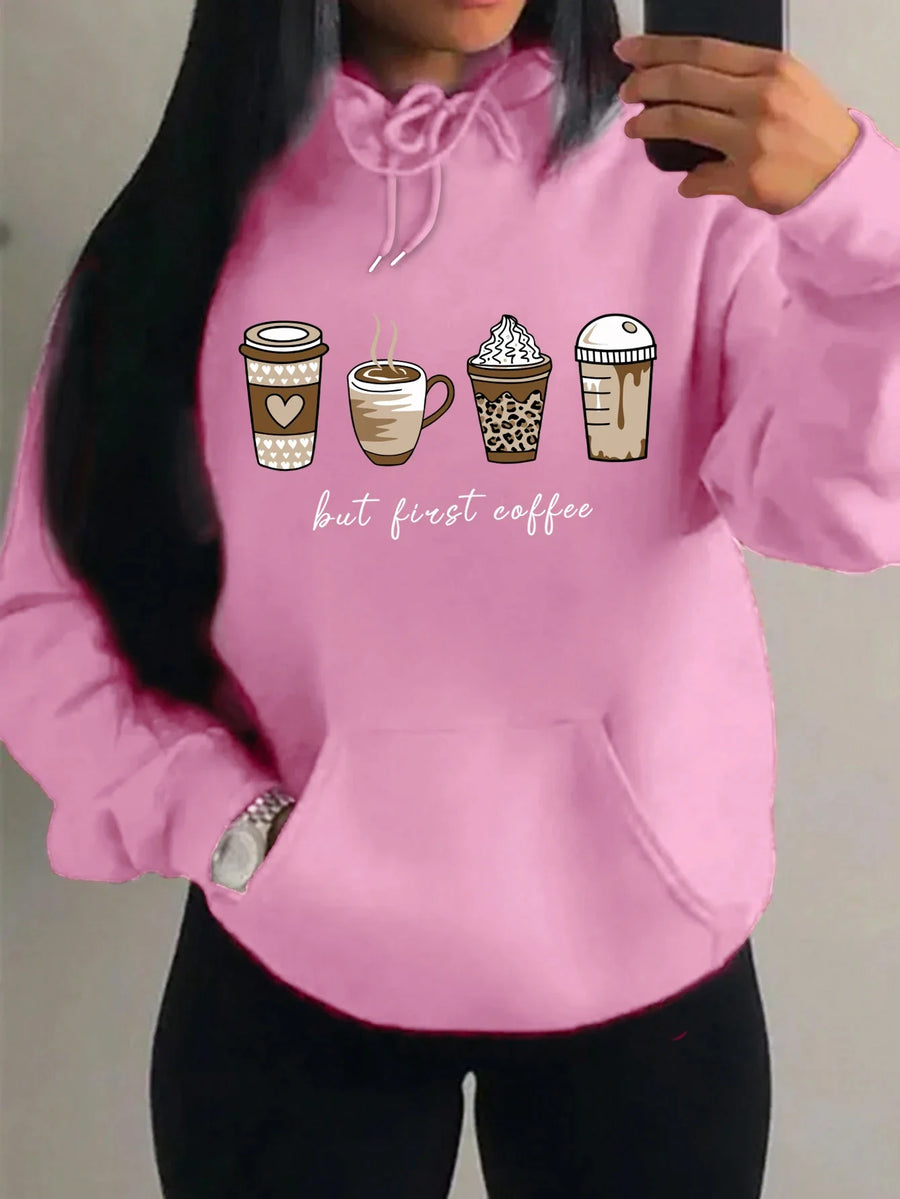 Huvtröja med "but first coffee"-tryck, känguruficka och dragsko