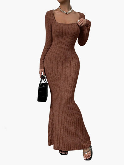Damers stickad långärmad bodycon maxiklänning – elegant vardagsklänning