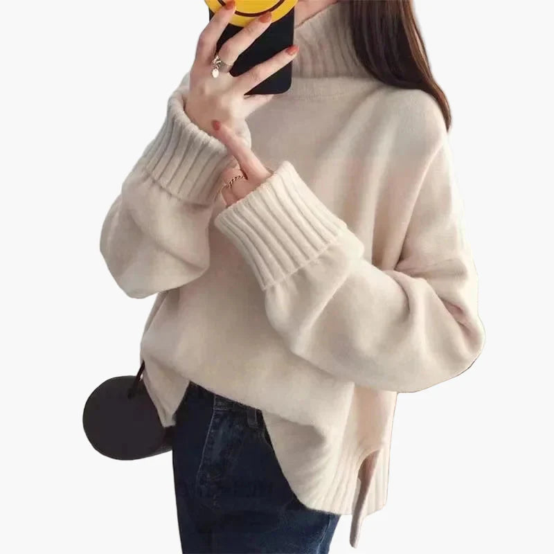 Damstickad oversize tröja med hög krage – koreansk stil för höst och vinter