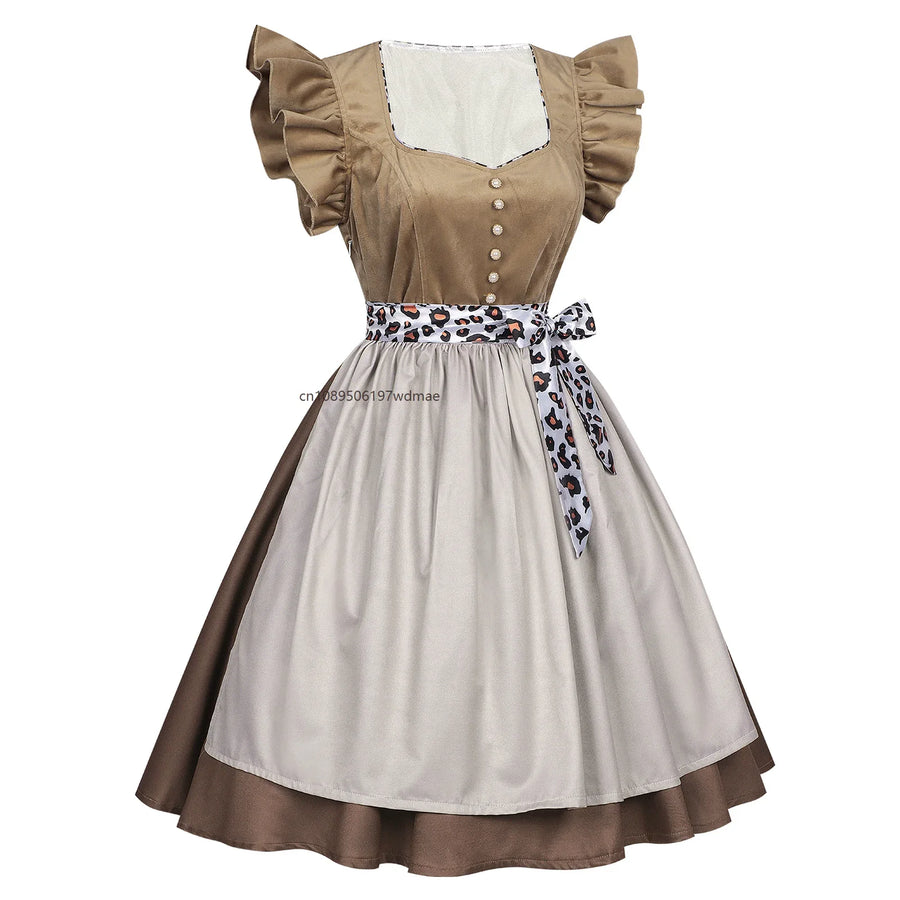 Dam Dirndlklänning med förkläde och midjeband, kortärmad, brun/beige