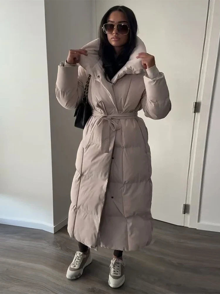Lång Dunjacka Dam med Bälte och Huva Svart Brun Beige Vinterjacka