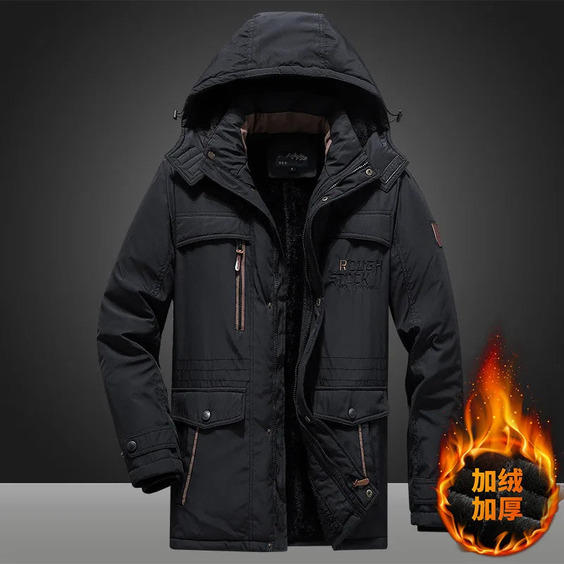 Herr vinterjacka med huva, fleecefodrad och fickor, svart