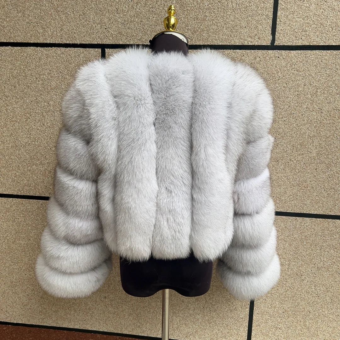 Kort fluffig fuskpälsjacka för dam, öppen design, flerfärgad