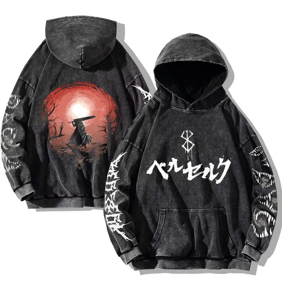 Svart huvtröja med tvättad look och tryck, Unisex Berserk-inspirerad hoodie