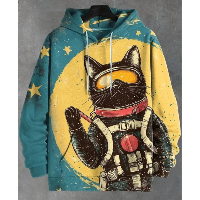 Hoodie med kattmotiv, tryck och huva, lång ärm