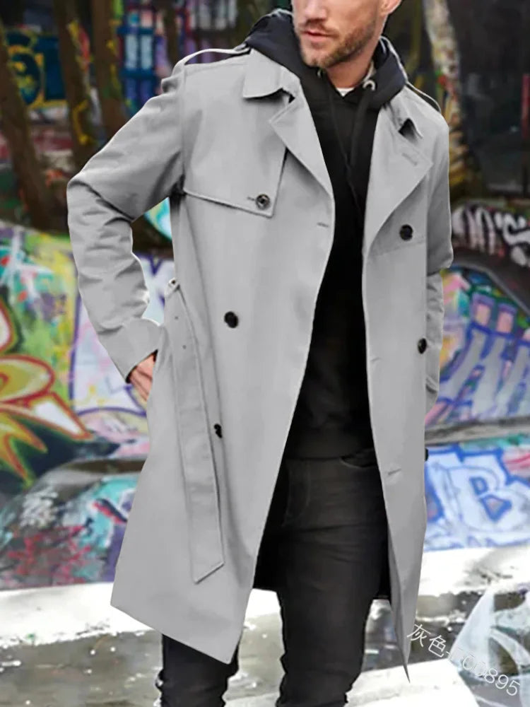 Herr Trenchcoat Lång Dubbelknäppt Rock med Skärp och Krage