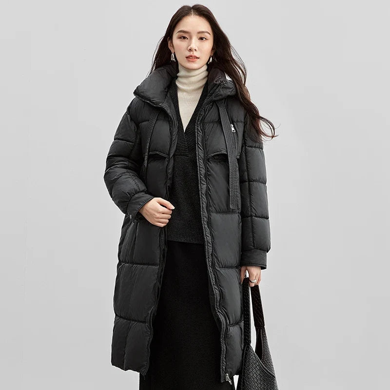 Lång vadderad parkas för dam med huva, dragkedja och fickor