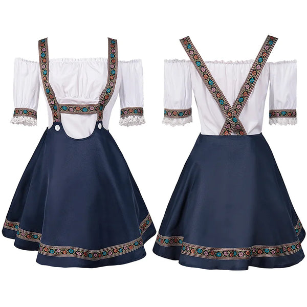 Vit off shoulder blus och mörkblå kjol med broderade hängslen