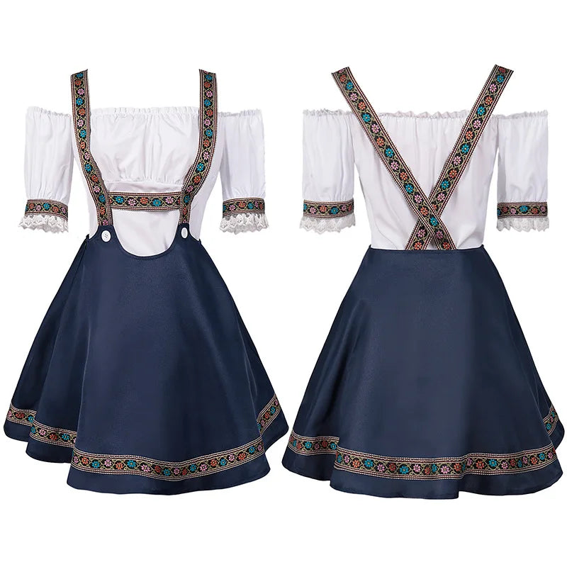 Vit off shoulder blus och mörkblå kjol med broderade hängslen