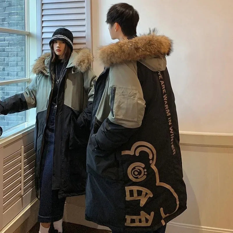 Unisex Lång Vinterjacka med Konstpälsfodrad Huva och Tvåfärgad Design