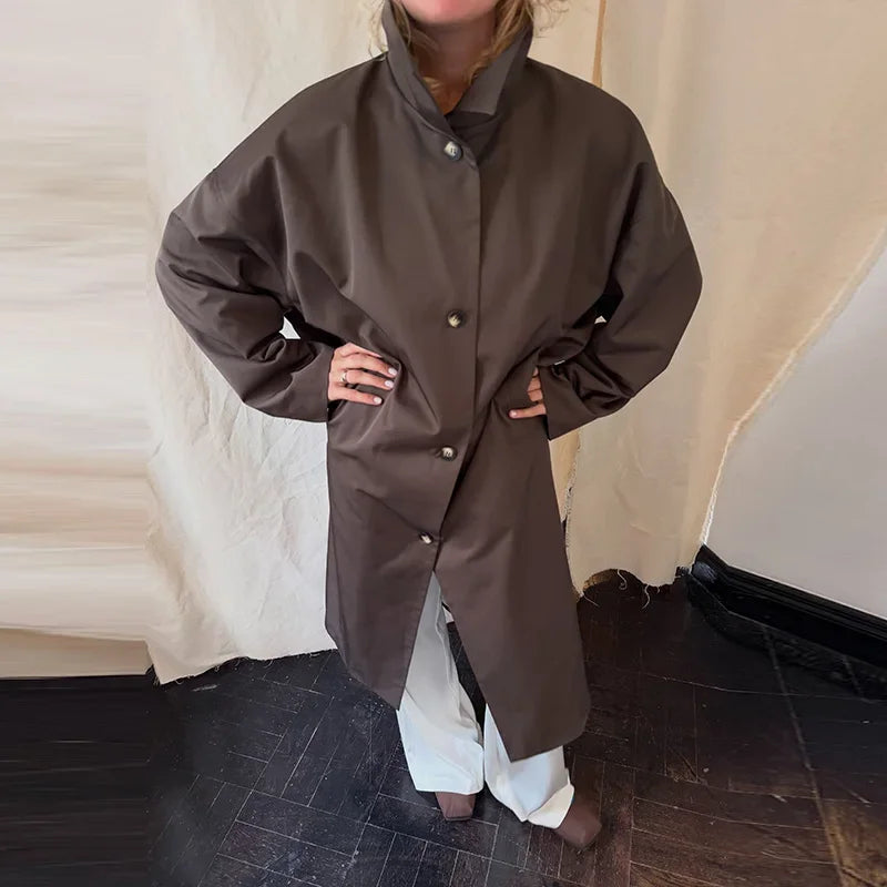 Lång Kappa med Hög Krage för Dam, Knappar och Lång Ärm, Lös Passform