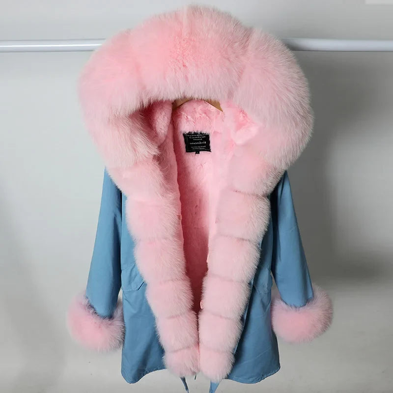 Vinterparkas med rosa fuskpälsfoder och luva, dam