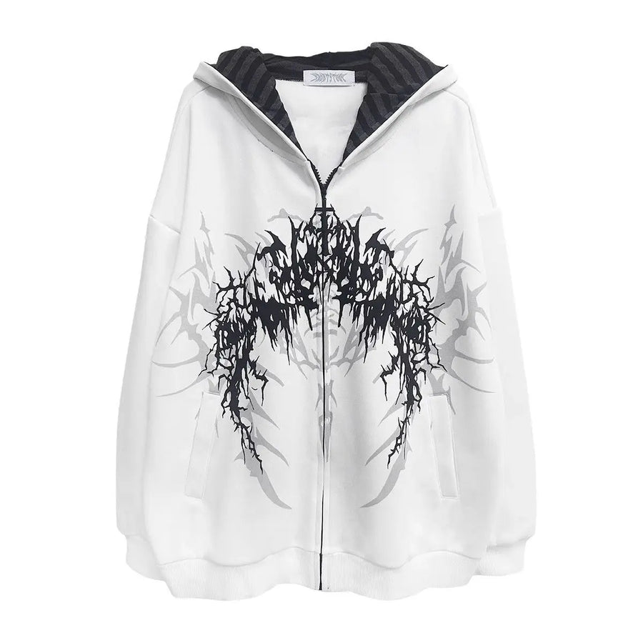 Svart hoodie med dragkedja och vit/grå grafisk design
