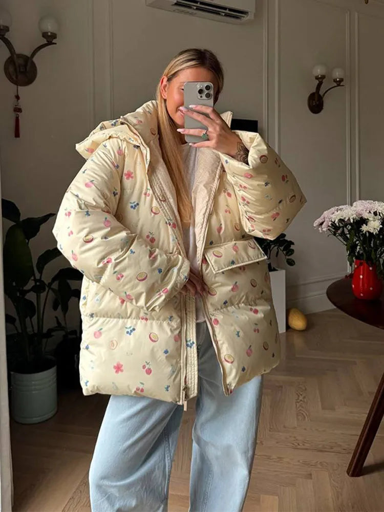 Puffig Vinterjacka med Huva för Dam, Varm Dunjacka med Dragkedja och Fickor