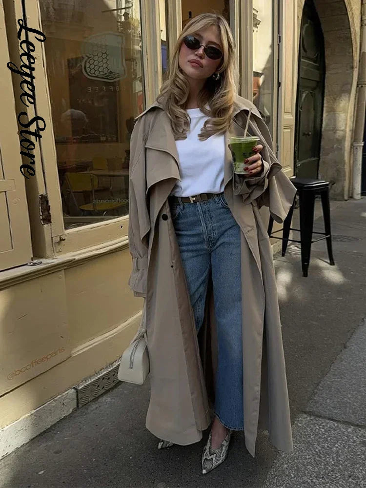 Dam Trenchcoat Lång med Bälte Beige