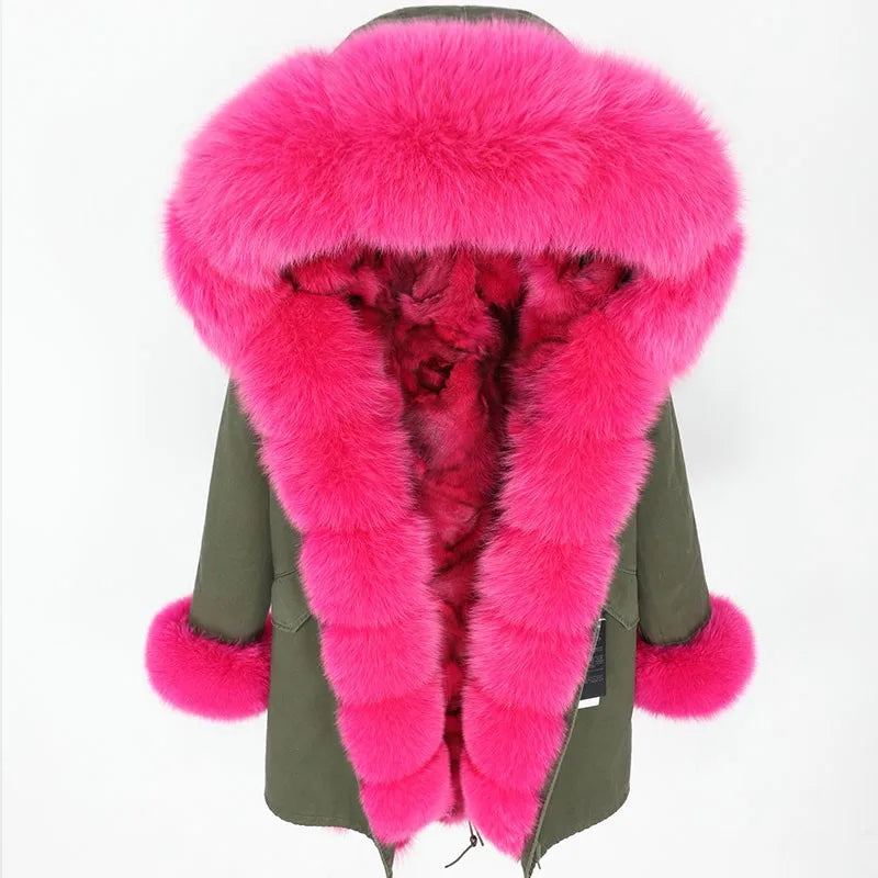 Vinterparkas med rosa fuskpälsfoder och luva, dam