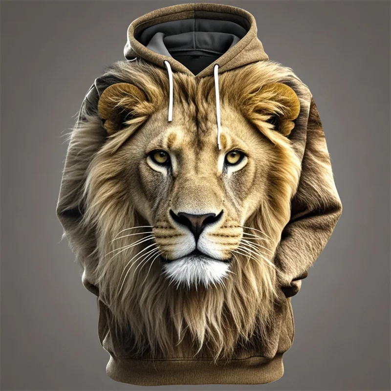 Hoodie med Lejonansikte 3D-tryck, Unisex Tröja med Huva och Känguruficka
