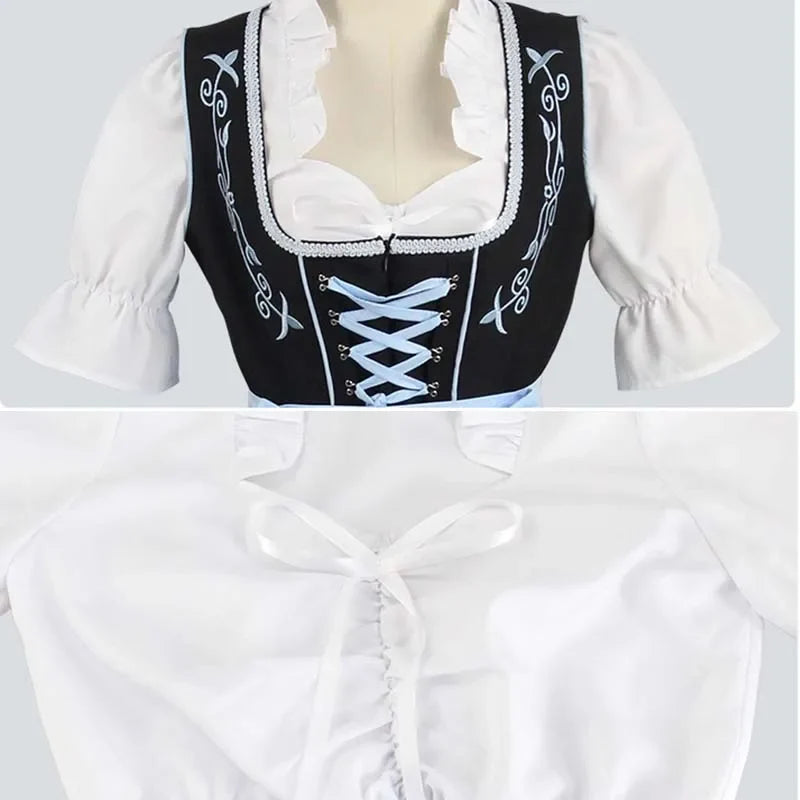 Damklänning i dirndlstil med förkläde och blus, svart och ljusblå