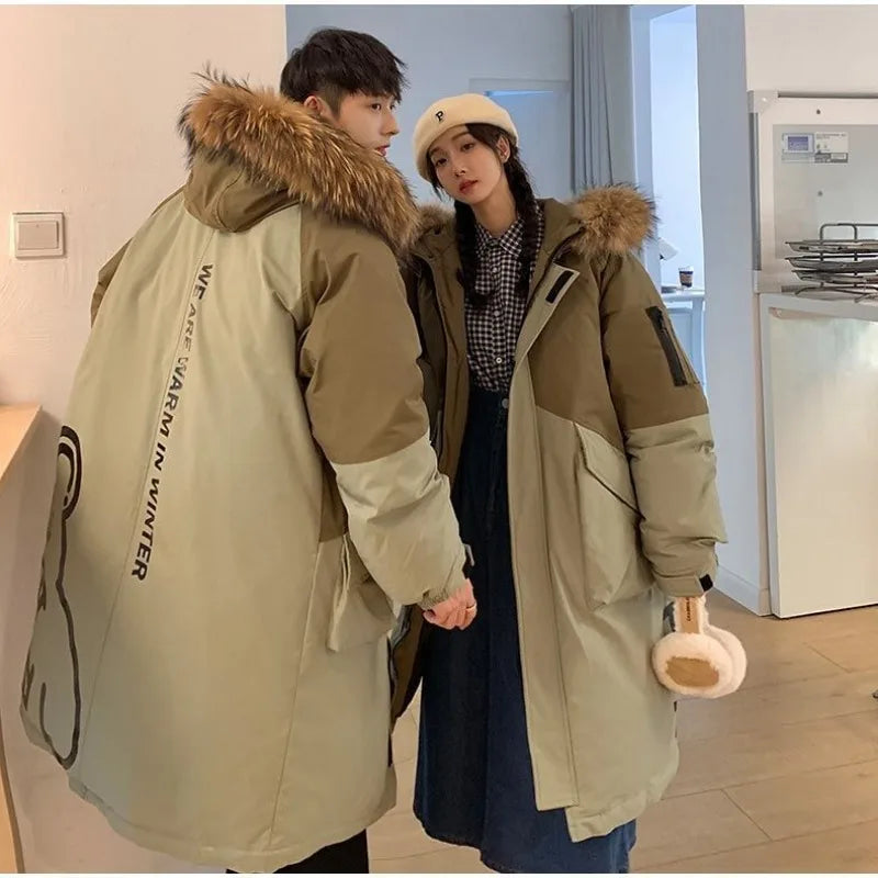 Unisex Lång Vinterjacka med Konstpälsfodrad Huva och Tvåfärgad Design