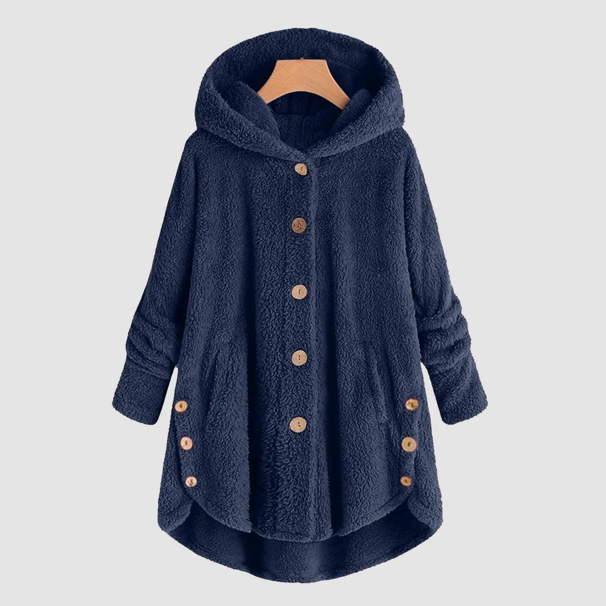 Teddyfleecejacka med huva och knappar, lång modell med asymmetrisk fåll