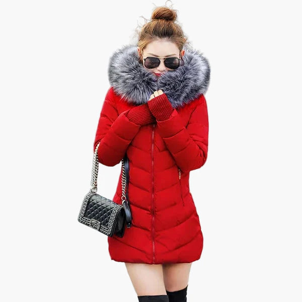Dam Vinterjacka med Stora Pälskrage och Figursydd Design – Elegant Varm Parkas för Kalla Dagar