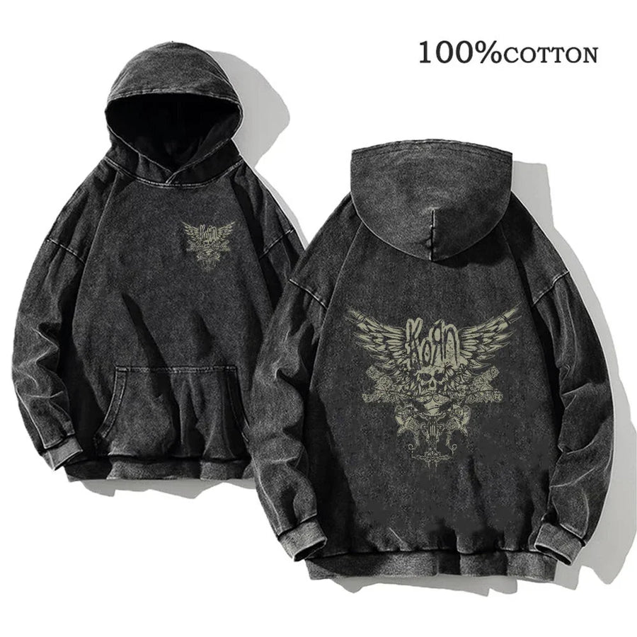 Unisex Huvtröja Oversize Grå Med Tryck och Känguruficka