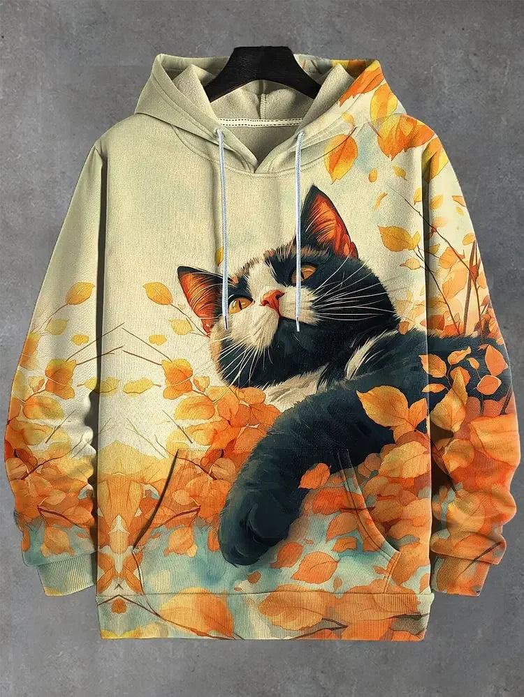Hoodie med kattmotiv, tryck och huva, lång ärm