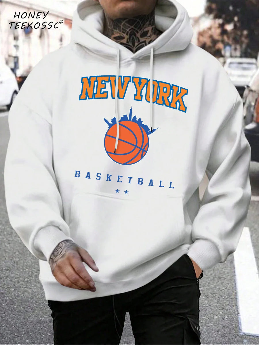 Hoodie med "New York" eller "Brooklyn" tryck, dragsko och känguruficka för män