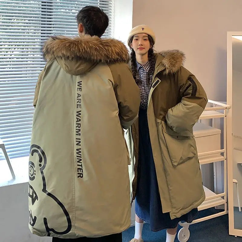 Unisex Lång Vinterjacka med Konstpälsfodrad Huva och Tvåfärgad Design