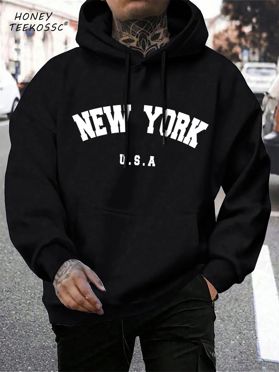 Hoodie med "New York" eller "Brooklyn" tryck, dragsko och känguruficka för män