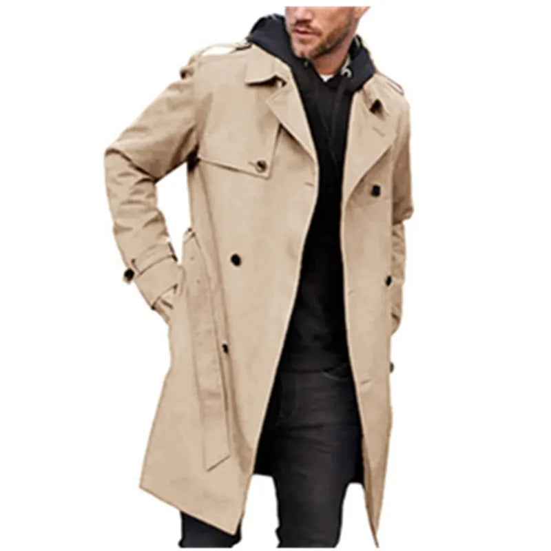 Herr Trenchcoat Lång Dubbelknäppt Rock med Skärp och Krage