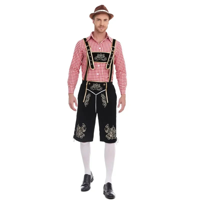 Oktoberfest herrkläder med rutig skjorta, broderade hängselbyxor och hatt