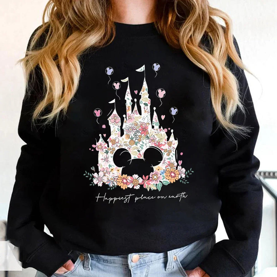 Vit sweatshirt med slottstryck och blommor, långärmad tröja