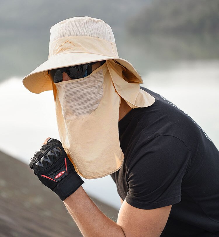 Unisex Solhatt med Hals- och Ansiktsskydd, Justerbar Rem, Grå